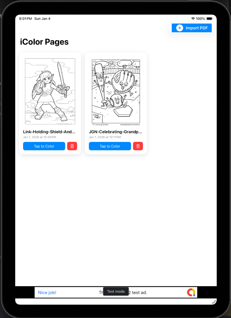 iColor Pages library showing imported coloring pages