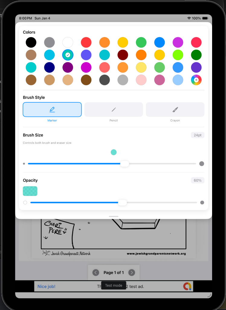 Color palette and brush tools interface
